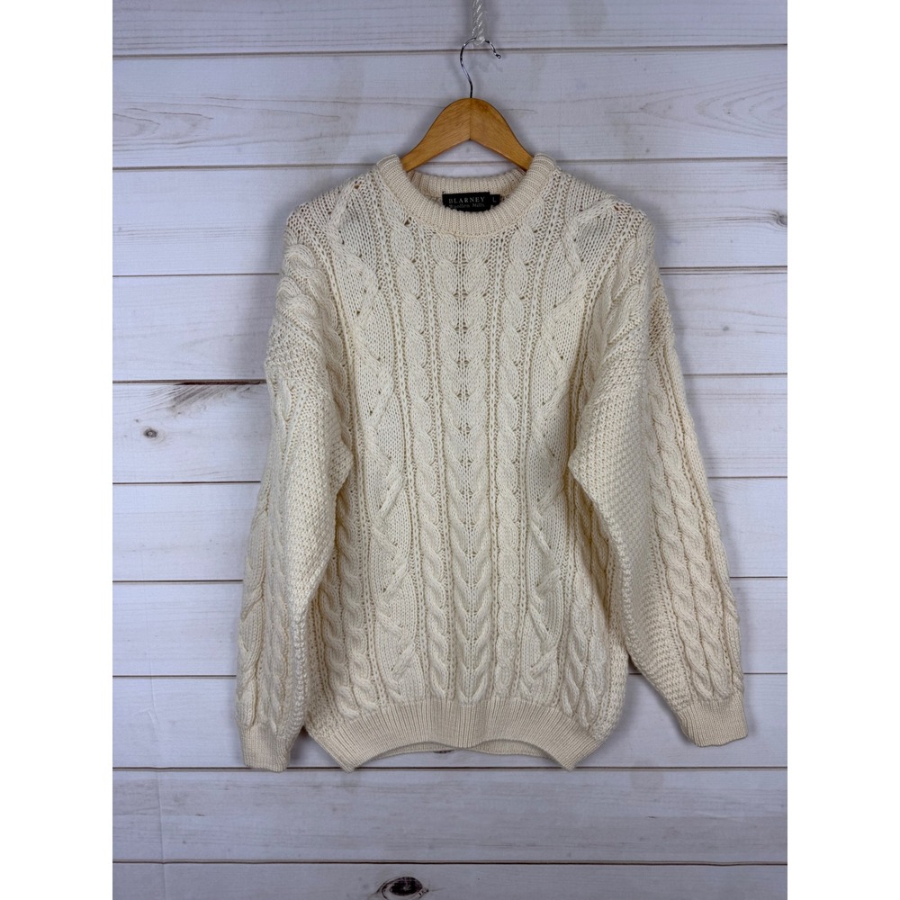 Blarney Woollen Mills Sweater Mens Large Cream Aran Cable Knit Pure New Wool